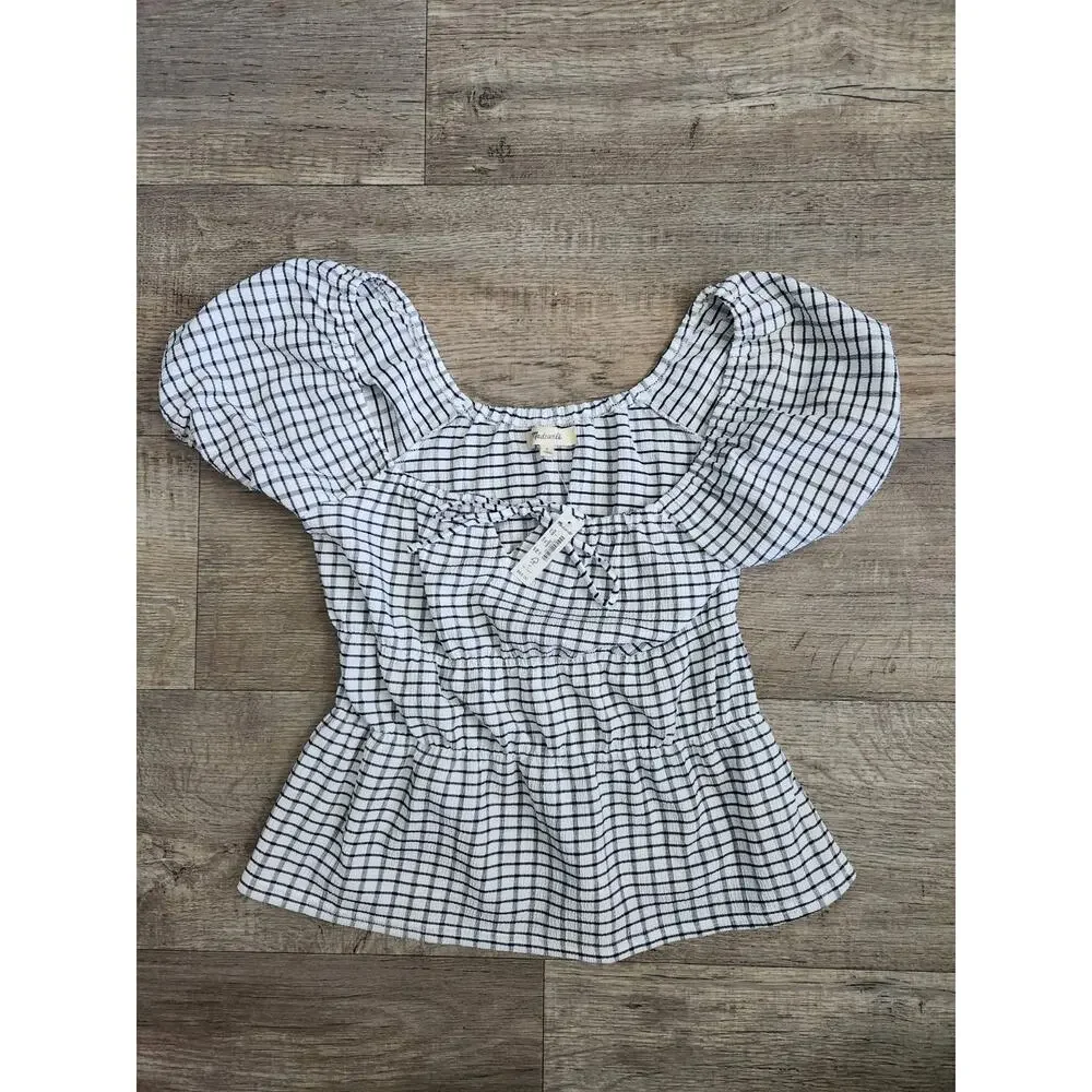 MADEWELL Omaha Top Women's Black White S Gingham Check Peplum Puff Sleeve NWT$65